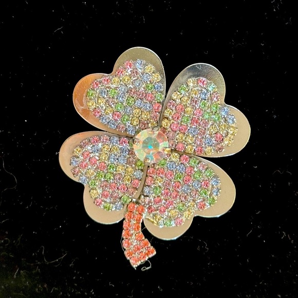 Rebekah Price Lucky Clover Silver and Multicolour Swarovski Crystal Brooch - Picture 4 of 13